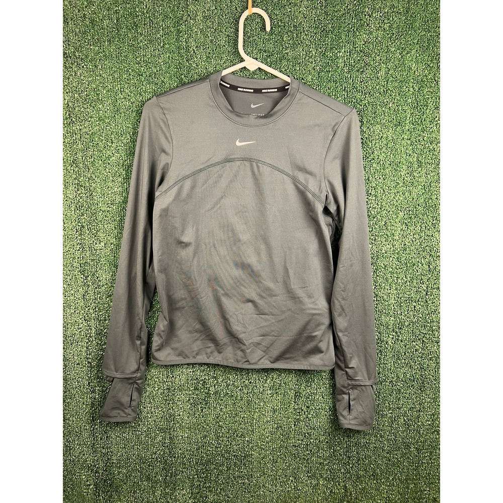 Nike Running Dri-FIT Long Sleeve Top Grey/Green Thumbhole Back Pocket Womens XS